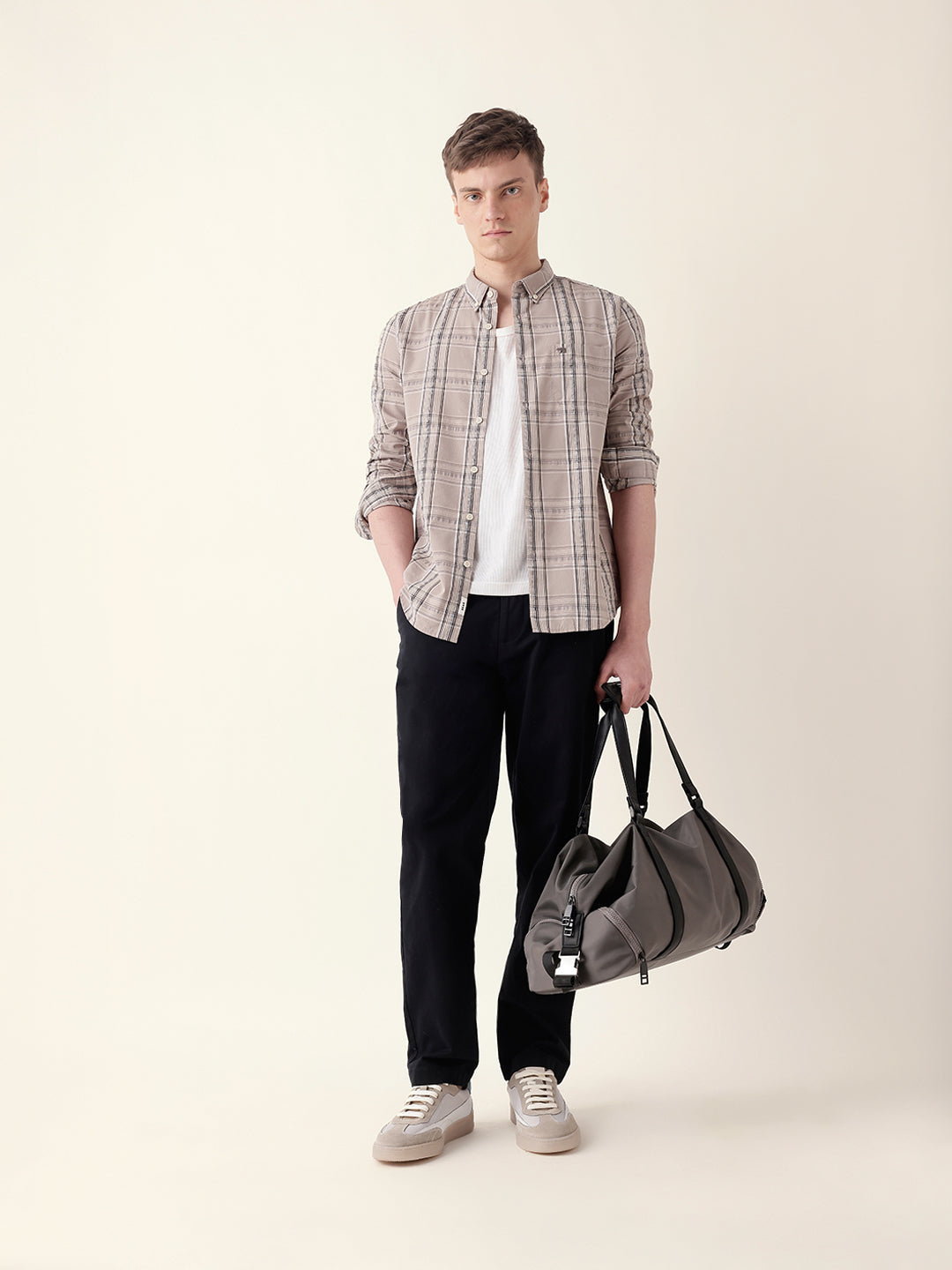 beige woven tartan checked slim fit casual shirt beige woven tartan checked slim fit casual shirt