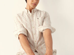 brown vertical striped slim fit casual shirt with subtle check