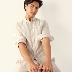 brown vertical striped slim fit casual shirt with subtle check