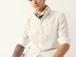 white slub textured woven slim fit casual shirt