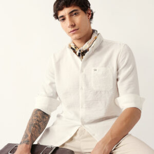 white slub textured woven slim fit casual shirt