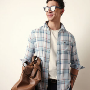 sky blue textured woven check slim fit casual shirt