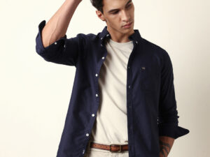 blue solid slim fit casual shirt with button down collar