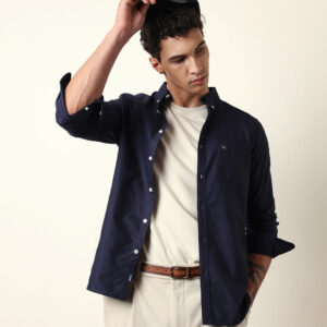 blue solid slim fit casual shirt with button down collar