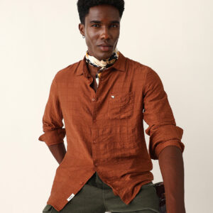 rust slim fit casual shirt with woven textured check design
