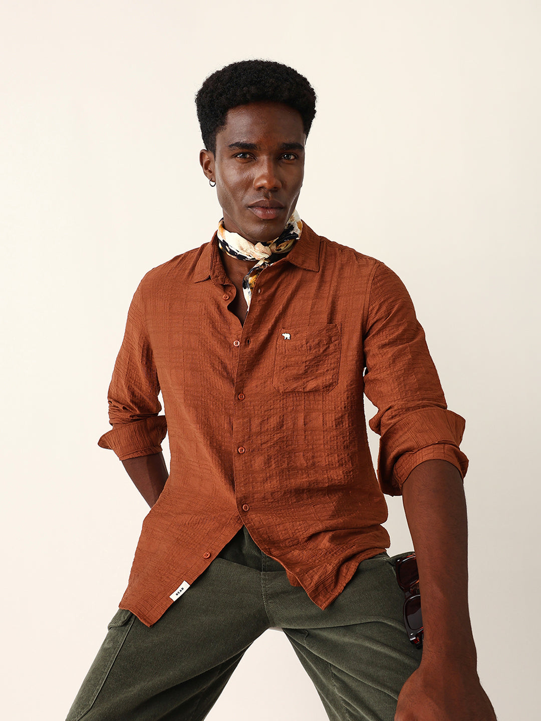 rust slim fit casual shirt with woven textured check design rust slim fit casual shirt with woven textured check design