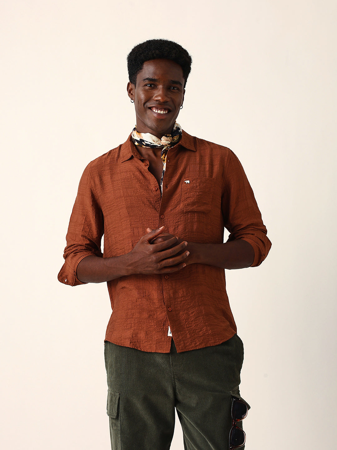 rust slim fit casual shirt with woven textured check design rust slim fit casual shirt with woven textured check design
