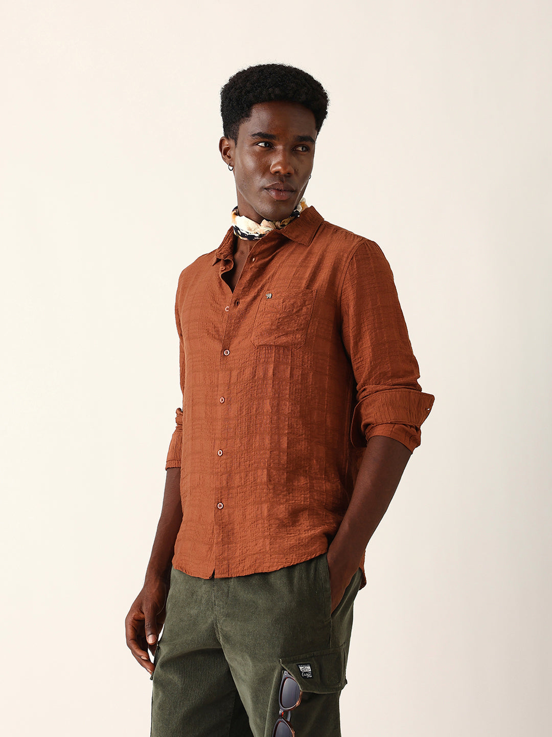 rust slim fit casual shirt with woven textured check design rust slim fit casual shirt with woven textured check design