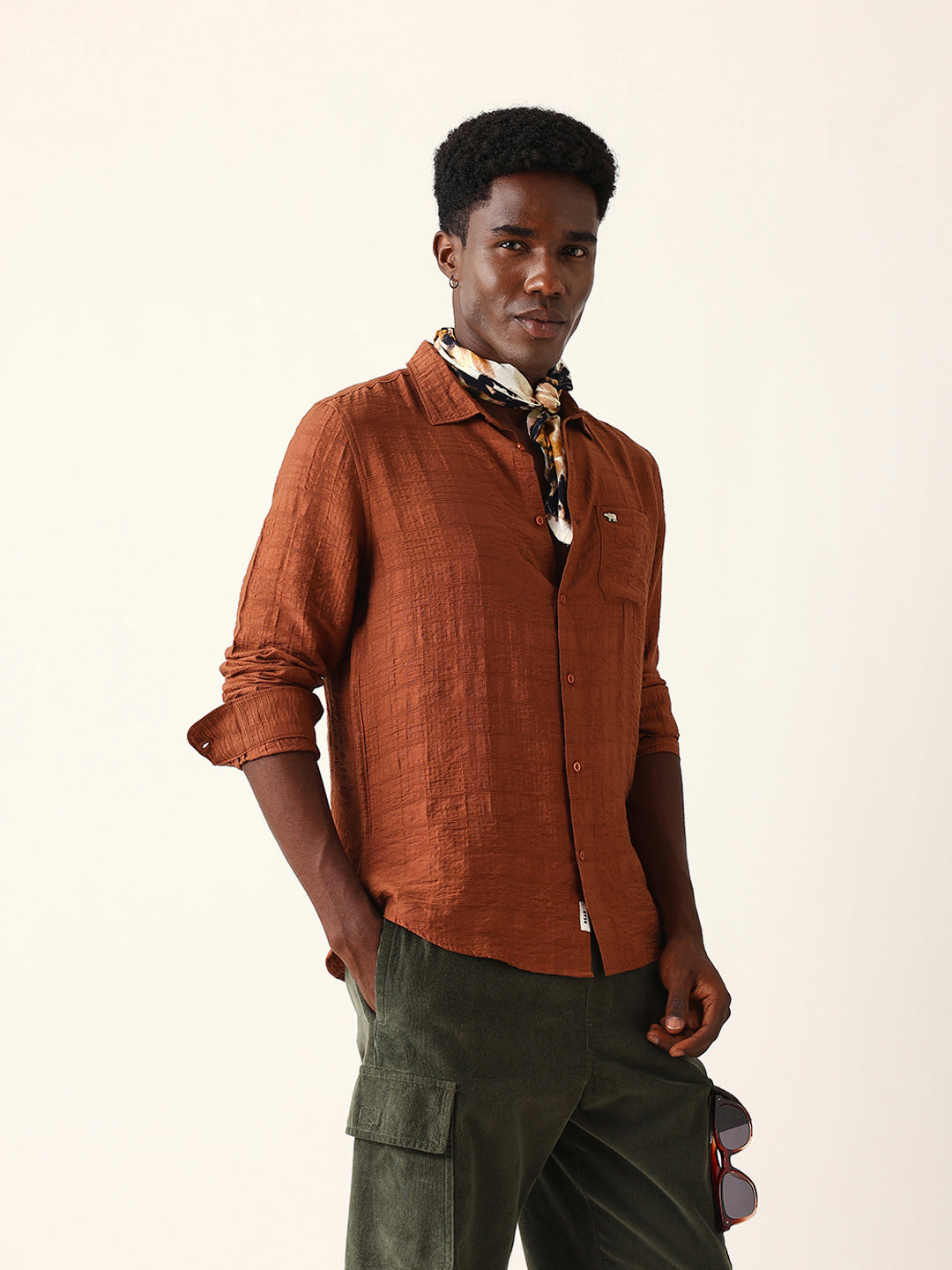 rust slim fit casual shirt with woven textured check design rust slim fit casual shirt with woven textured check design