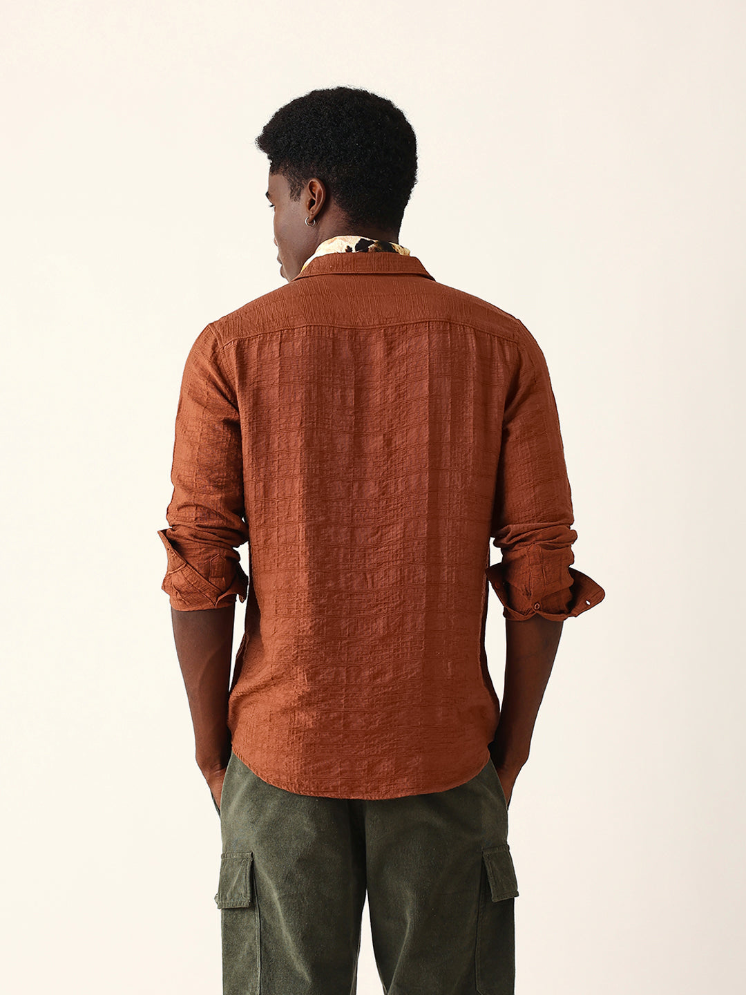 rust slim fit casual shirt with woven textured check design rust slim fit casual shirt with woven textured check design