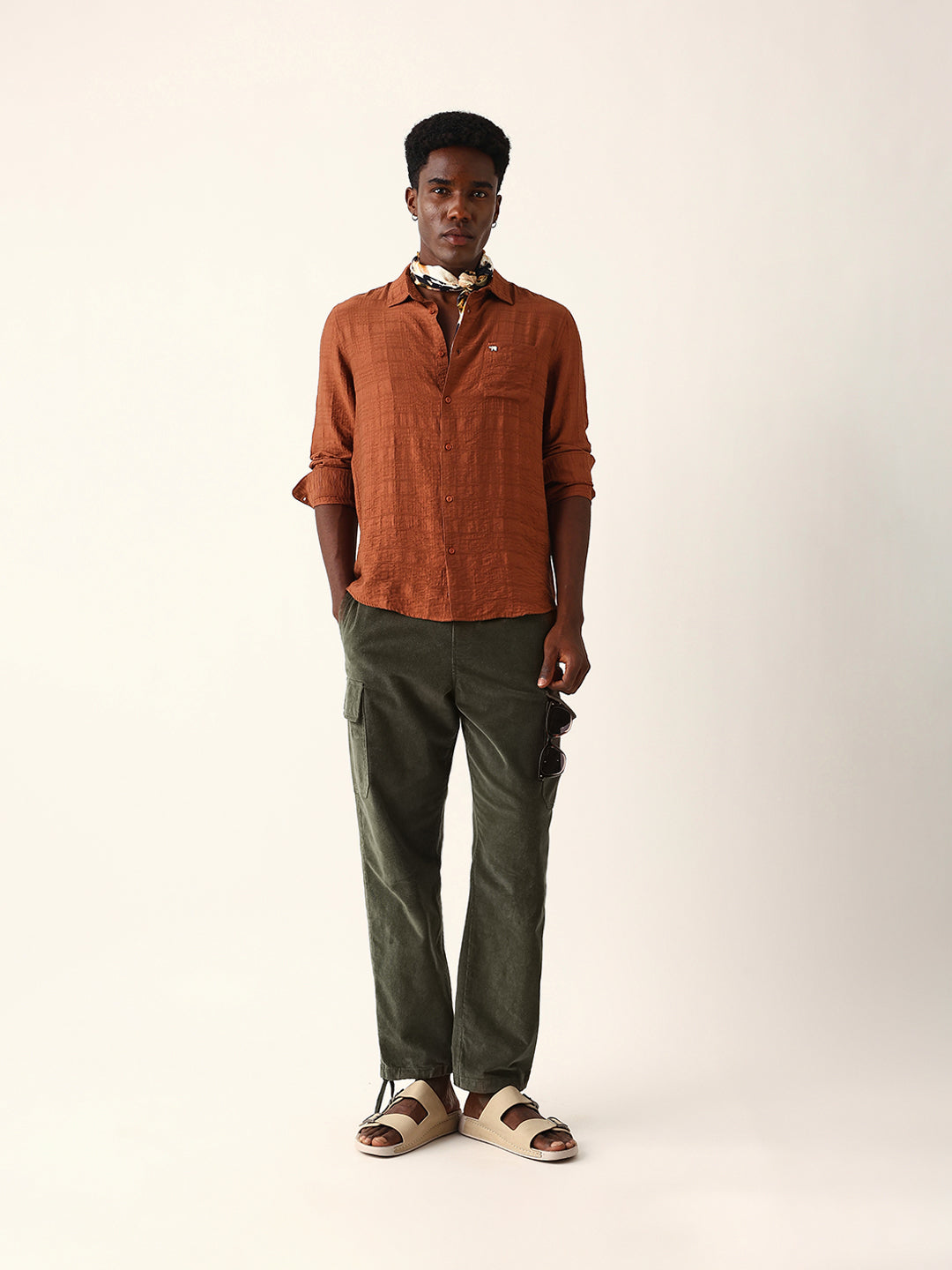 rust slim fit casual shirt with woven textured check design rust slim fit casual shirt with woven textured check design