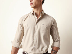 beige solid slim fit casual shirt with a classic semi formal look