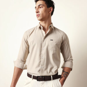 beige solid slim fit casual shirt with a classic semi formal look