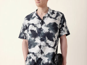 black & grey bold abstract paint splash printed relaxed fit short sleeve shirt