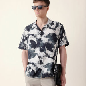 black & grey bold abstract paint splash printed relaxed fit short sleeve shirt