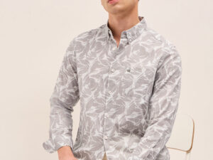 beige slim fit casual shirt with all over leaf motif print