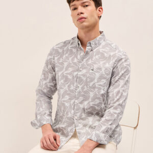 beige slim fit casual shirt with all over leaf motif print