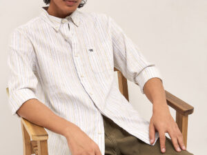 beige vertical stripes slim fit casual shirt