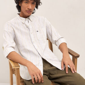 beige vertical stripes slim fit casual shirt