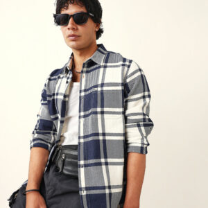 white & blue herringbone flannel checked regular fit casual shirt