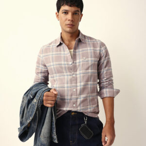 light brown woven tartan checked slim fit casual shirt