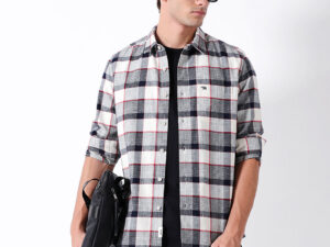 blue & cream herringbone check slim fit casual shirt