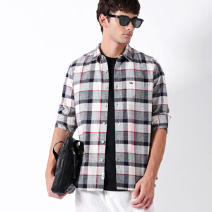 blue & cream herringbone check slim fit casual shirt