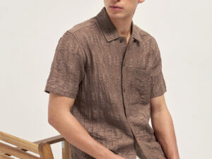 brown crinkle textured regular fit half sleeve casual shirt
