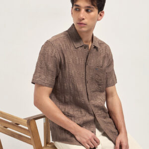 brown crinkle textured regular fit half sleeve casual shirt