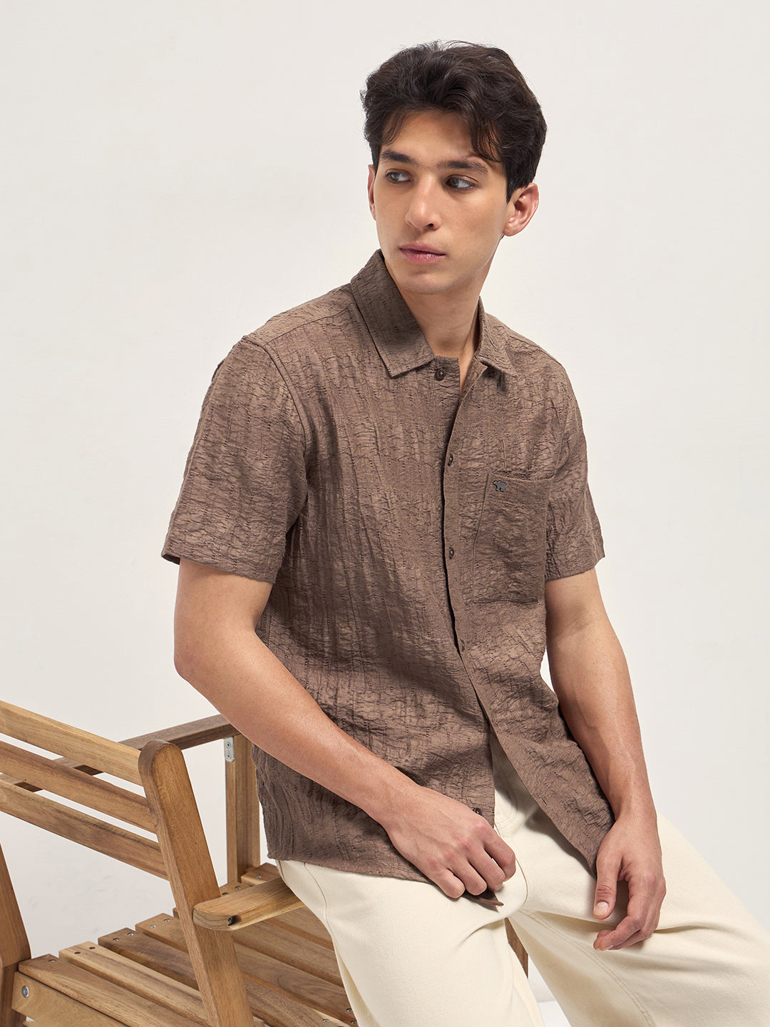 brown crinkle textured regular fit half sleeve casual shirt brown crinkle textured regular fit half sleeve casual shirt