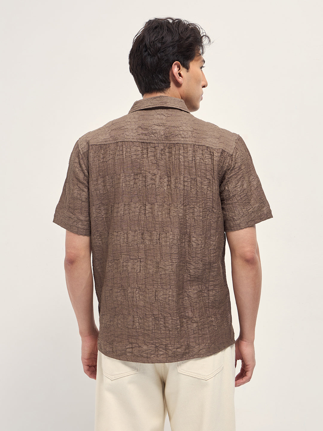 brown crinkle textured regular fit half sleeve casual shirt brown crinkle textured regular fit half sleeve casual shirt