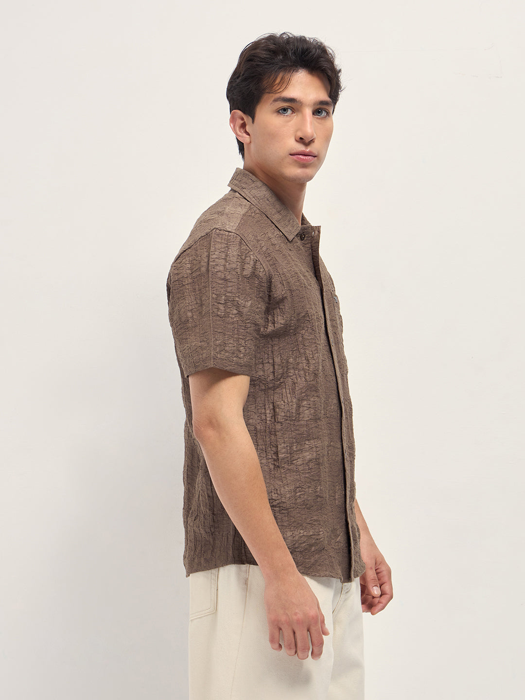 brown crinkle textured regular fit half sleeve casual shirt brown crinkle textured regular fit half sleeve casual shirt
