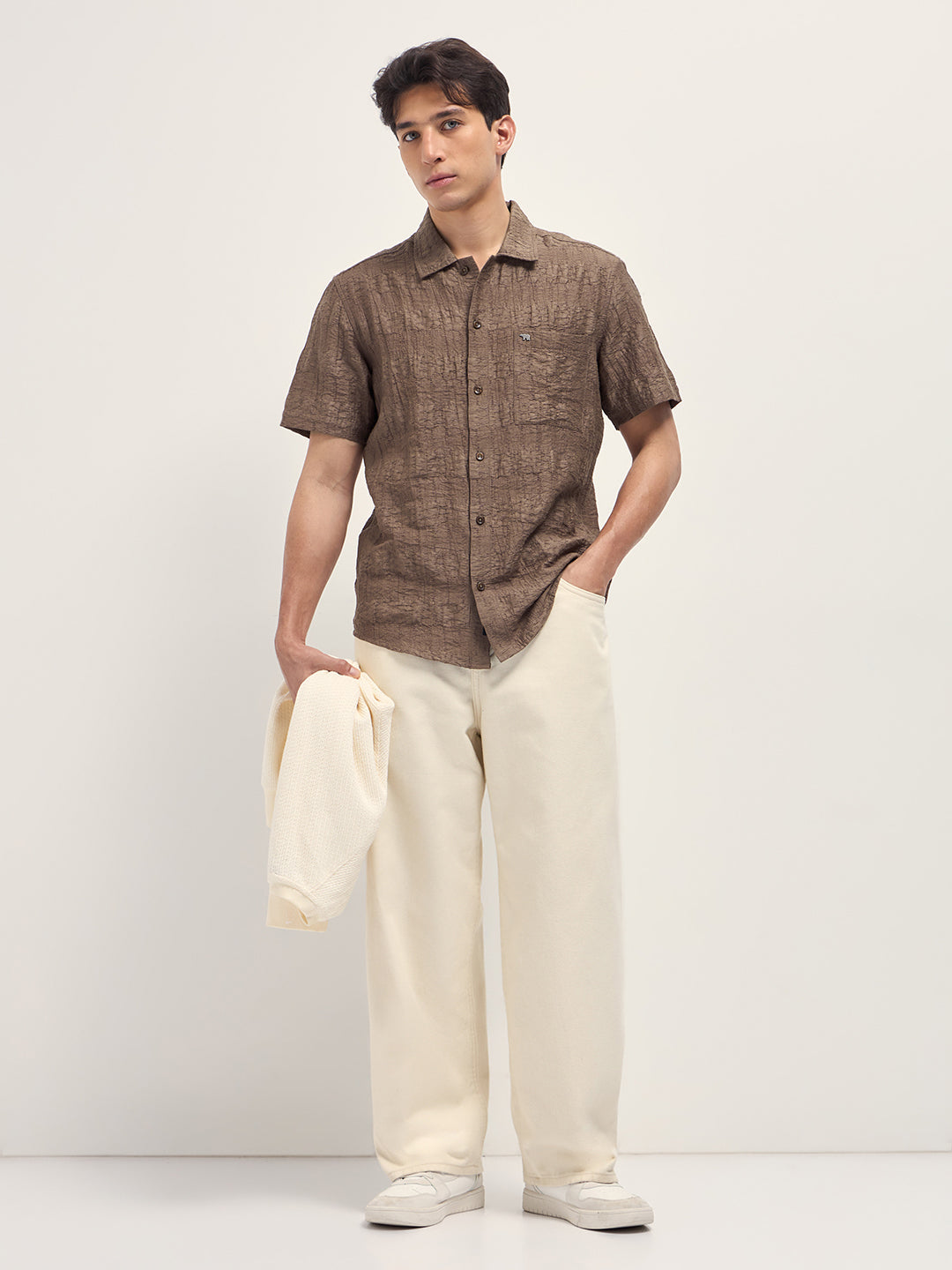 brown crinkle textured regular fit half sleeve casual shirt brown crinkle textured regular fit half sleeve casual shirt