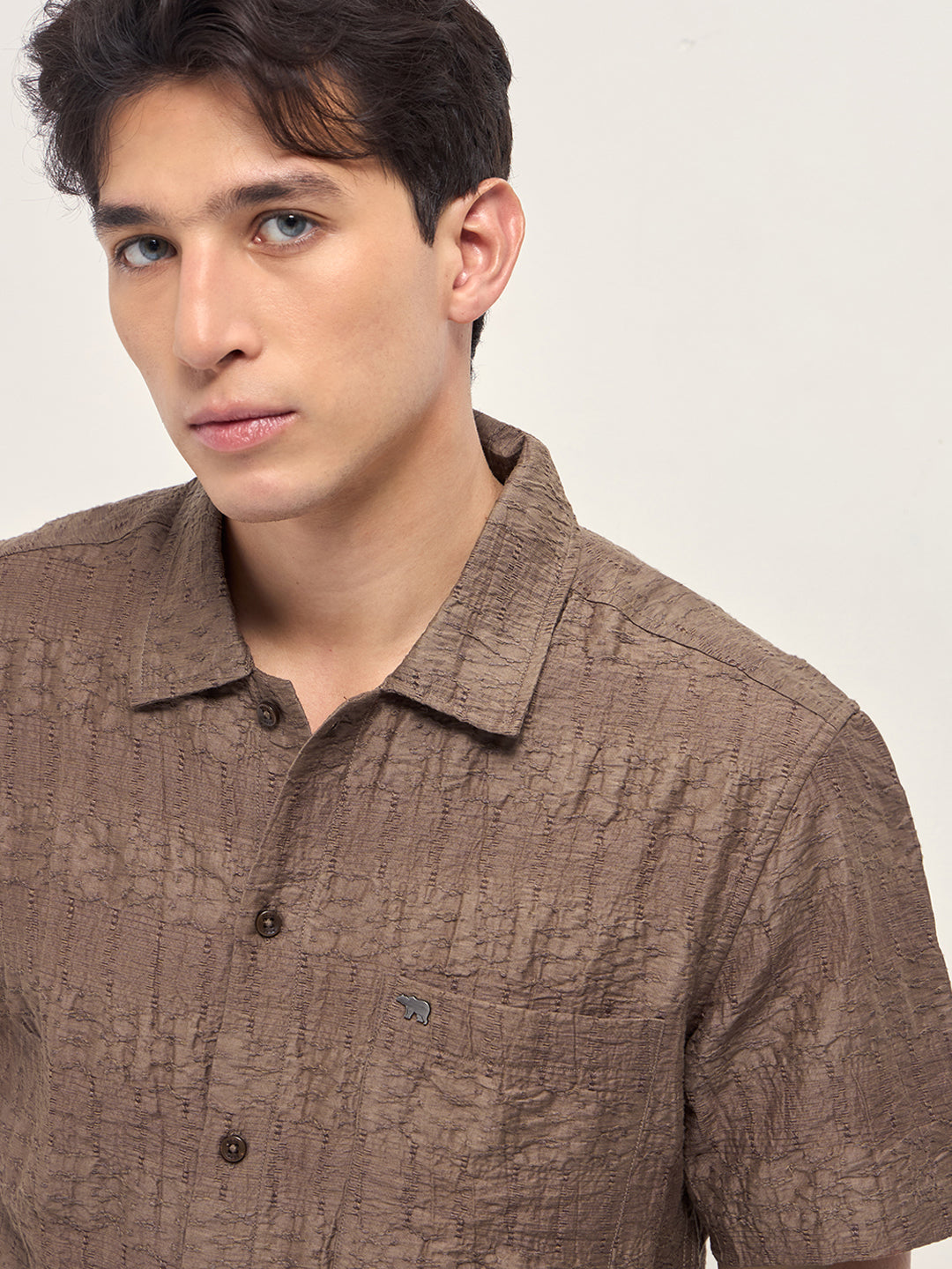 brown crinkle textured regular fit half sleeve casual shirt brown crinkle textured regular fit half sleeve casual shirt