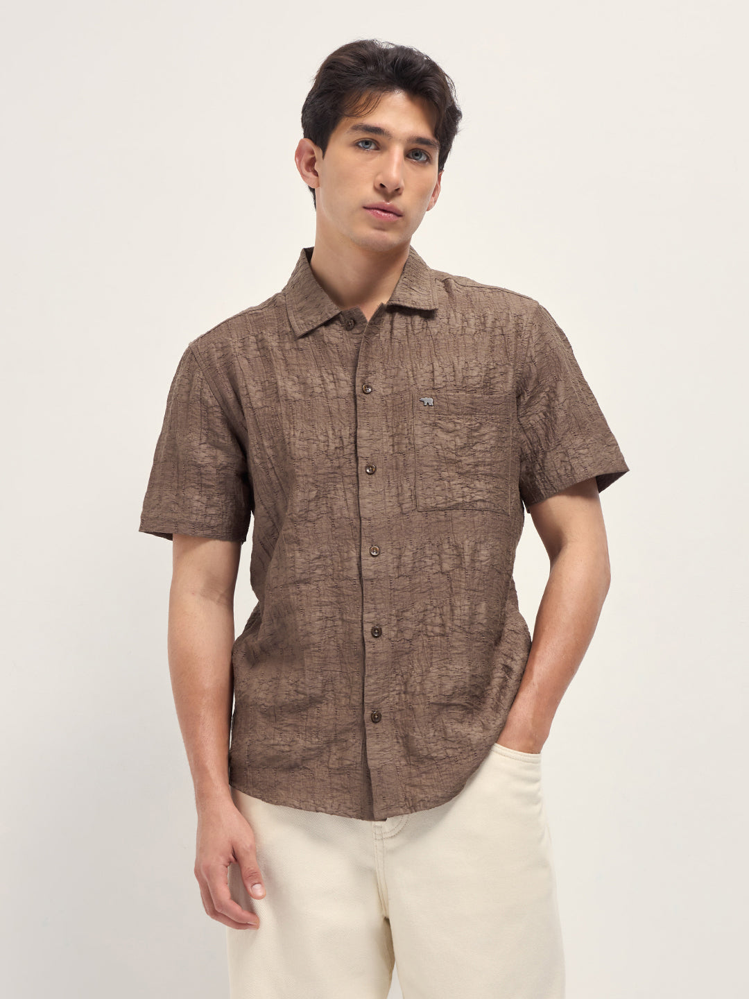 brown crinkle textured regular fit half sleeve casual shirt brown crinkle textured regular fit half sleeve casual shirt
