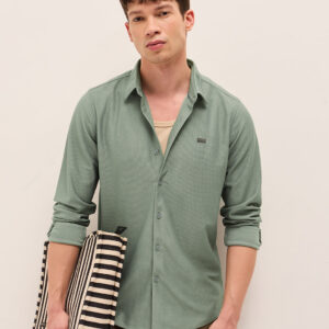 green woven textured regular fit casual shirt