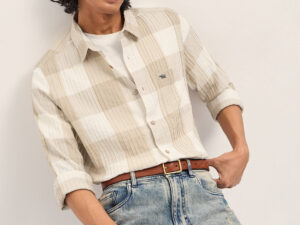 beige slim fit casual shirt with textured stripe and block check design