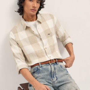 beige slim fit casual shirt with textured stripe and block check design