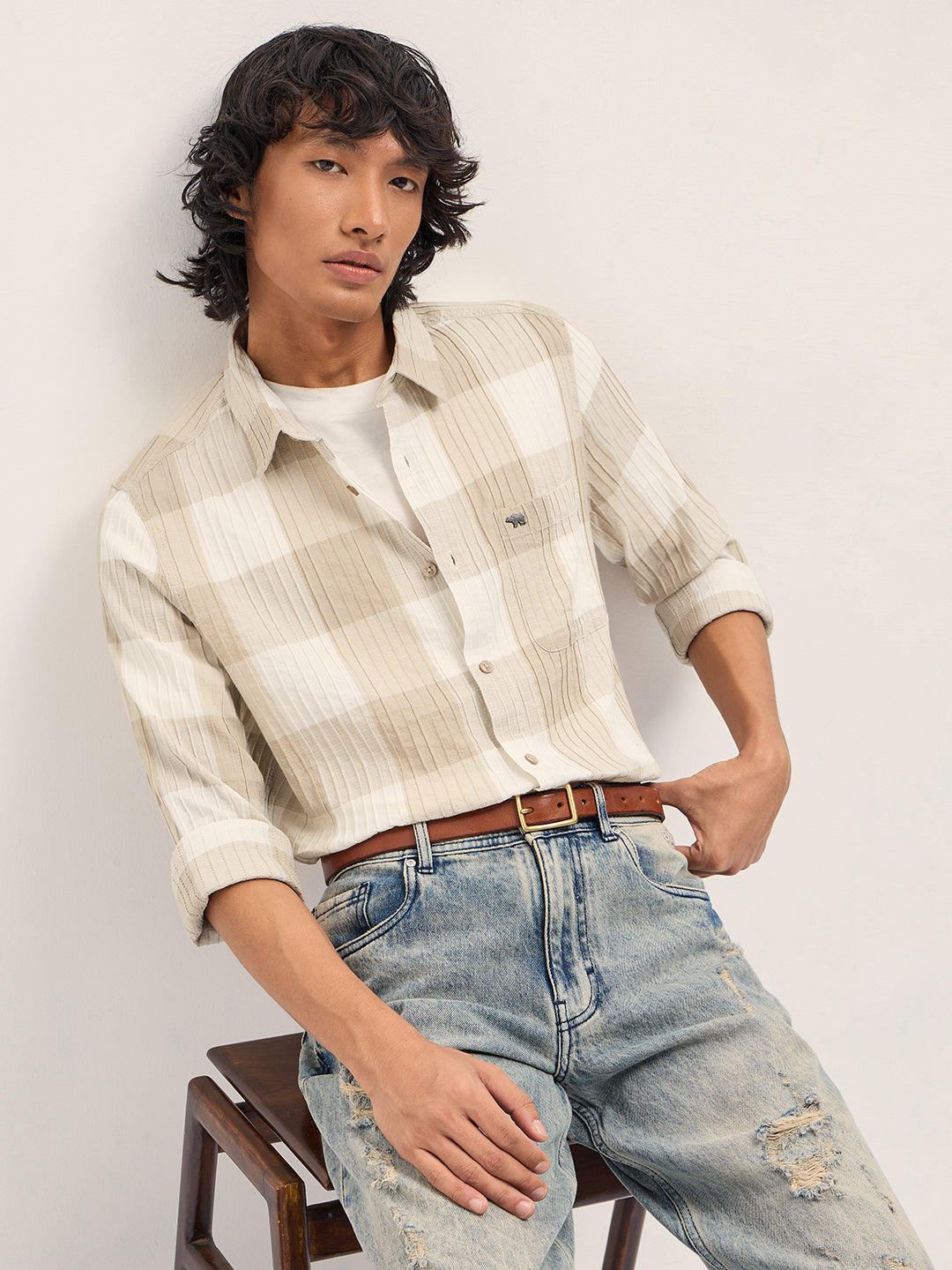 beige slim fit casual shirt with textured stripe and block check design beige slim fit casual shirt with textured stripe and block check design