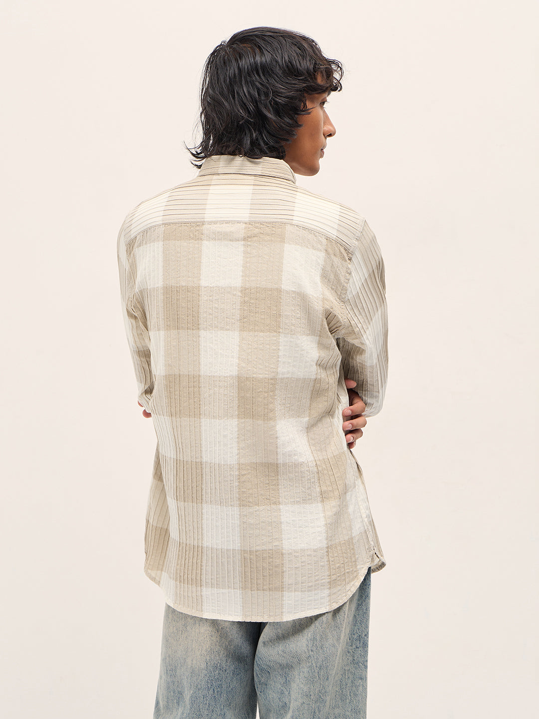 beige slim fit casual shirt with textured stripe and block check design beige slim fit casual shirt with textured stripe and block check design