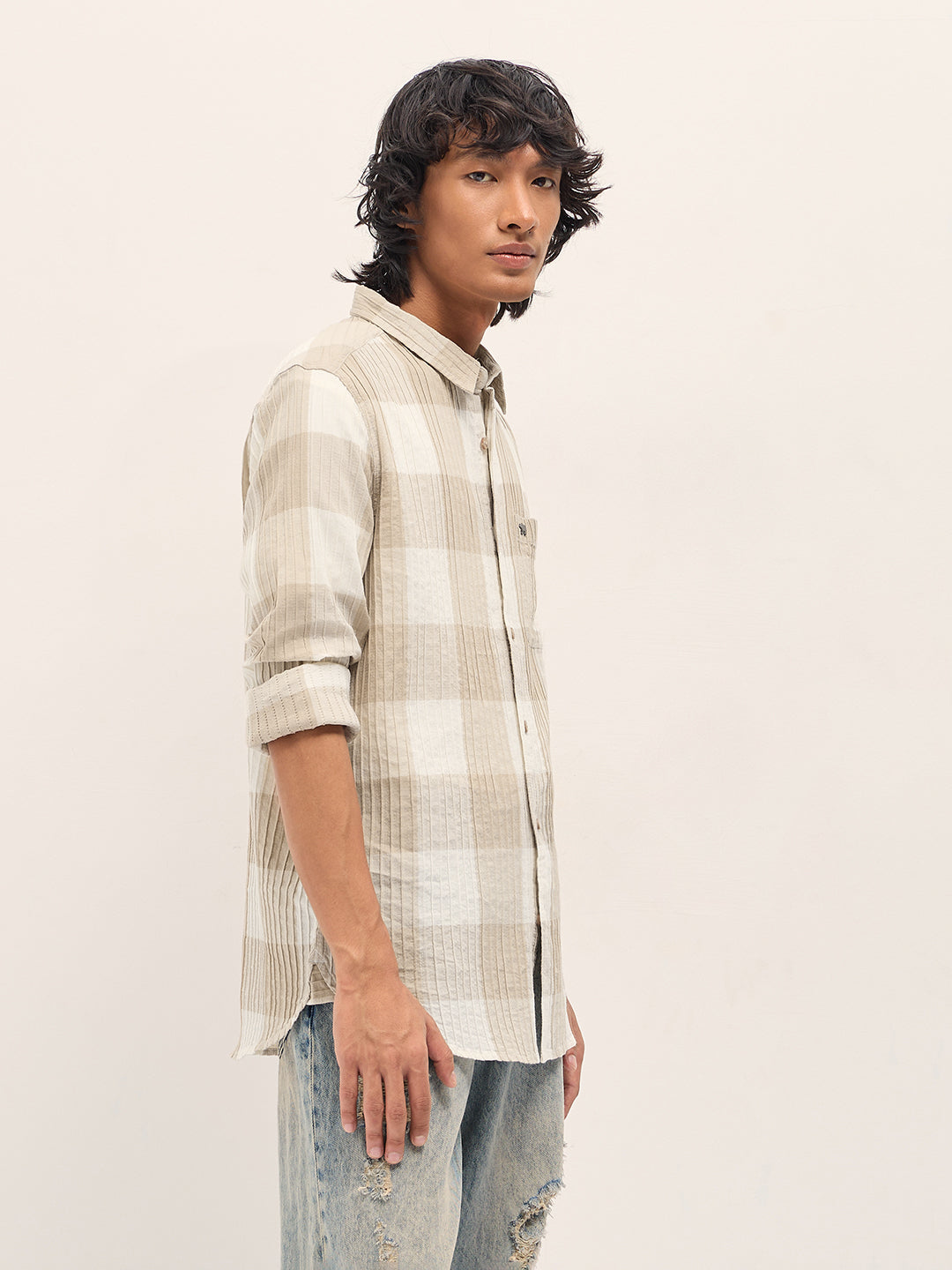 beige slim fit casual shirt with textured stripe and block check design beige slim fit casual shirt with textured stripe and block check design