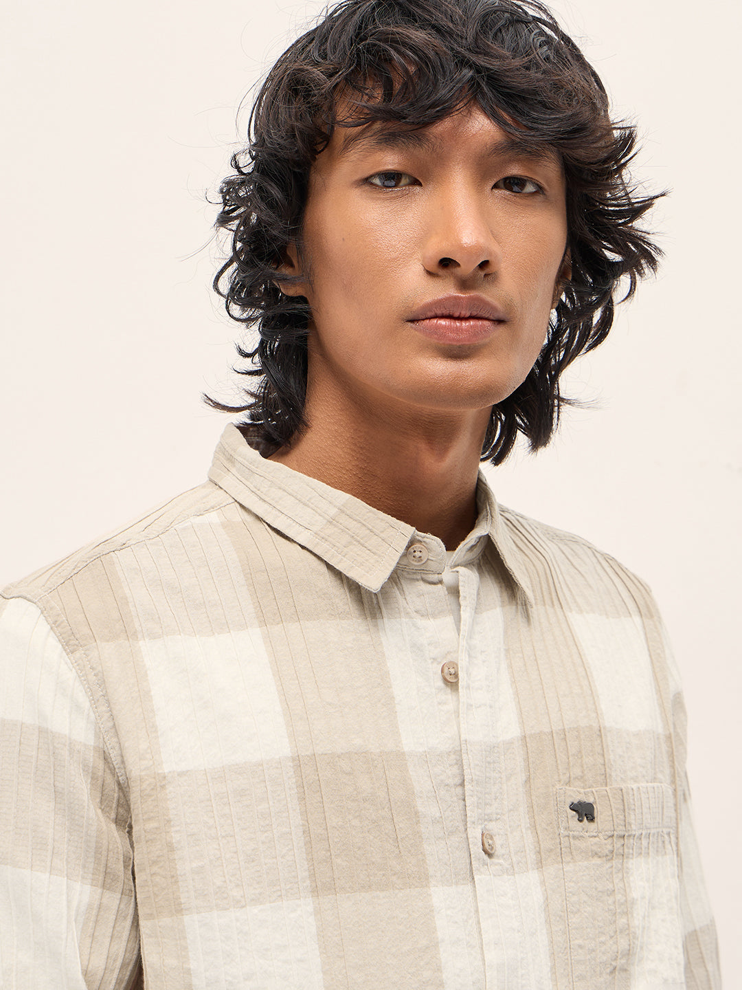 beige slim fit casual shirt with textured stripe and block check design beige slim fit casual shirt with textured stripe and block check design