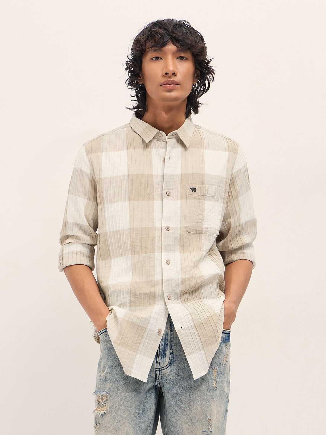 beige slim fit casual shirt with textured stripe and block check design beige slim fit casual shirt with textured stripe and block check design
