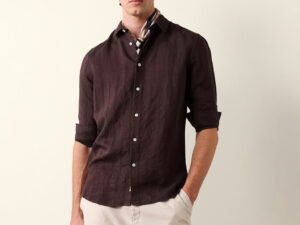 brown slim fit casual shirt with woven semi transparent vertical stripes