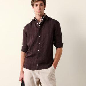 brown slim fit casual shirt with woven semi transparent vertical stripes