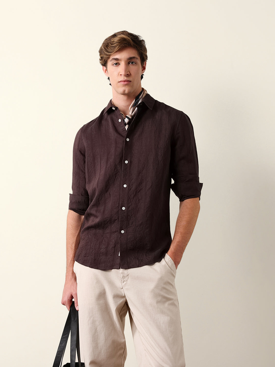 brown slim fit casual shirt with woven semi transparent vertical stripes brown slim fit casual shirt with woven semi transparent vertical stripes