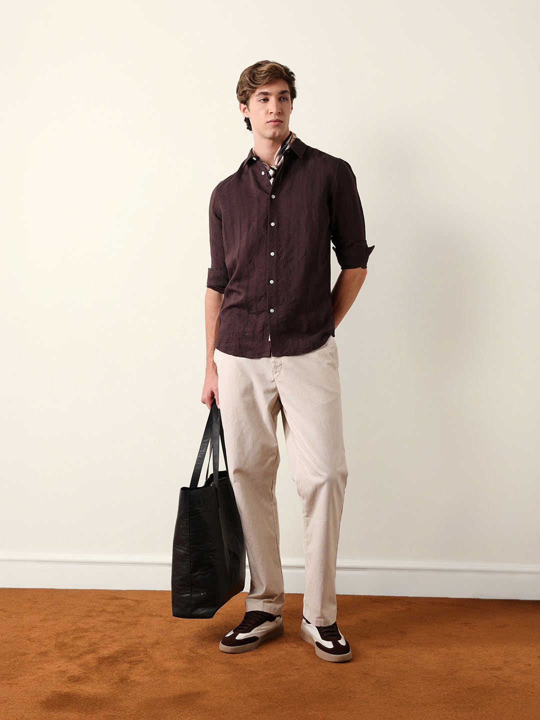 brown slim fit casual shirt with woven semi transparent vertical stripes brown slim fit casual shirt with woven semi transparent vertical stripes
