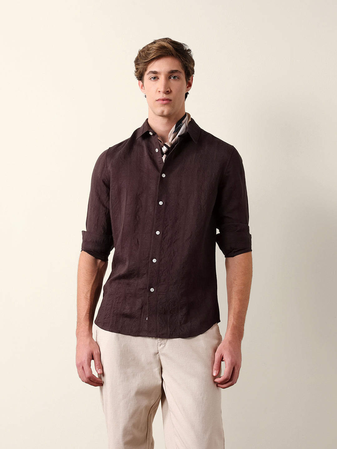 brown slim fit casual shirt with woven semi transparent vertical stripes brown slim fit casual shirt with woven semi transparent vertical stripes
