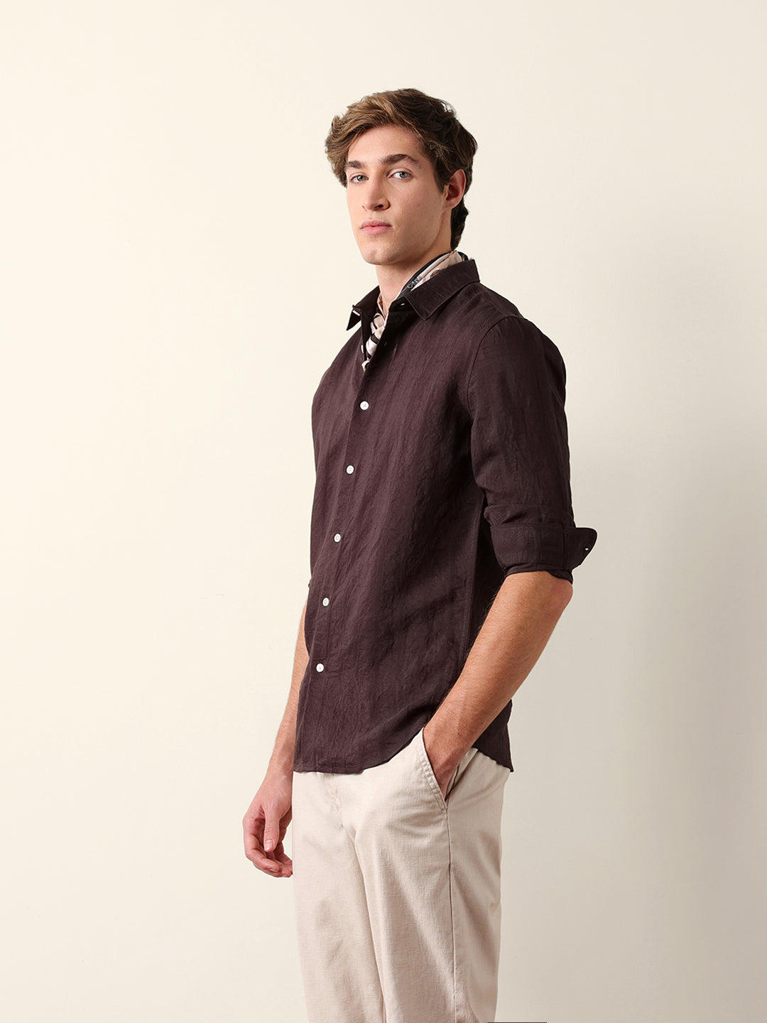 brown slim fit casual shirt with woven semi transparent vertical stripes brown slim fit casual shirt with woven semi transparent vertical stripes