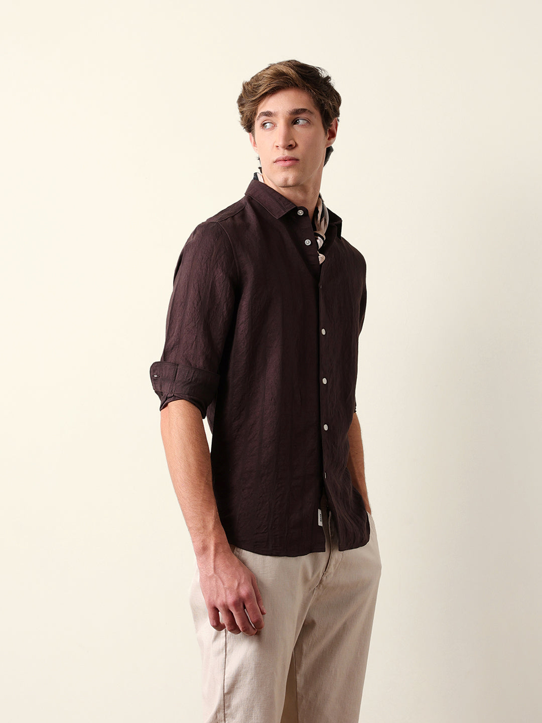 brown slim fit casual shirt with woven semi transparent vertical stripes brown slim fit casual shirt with woven semi transparent vertical stripes